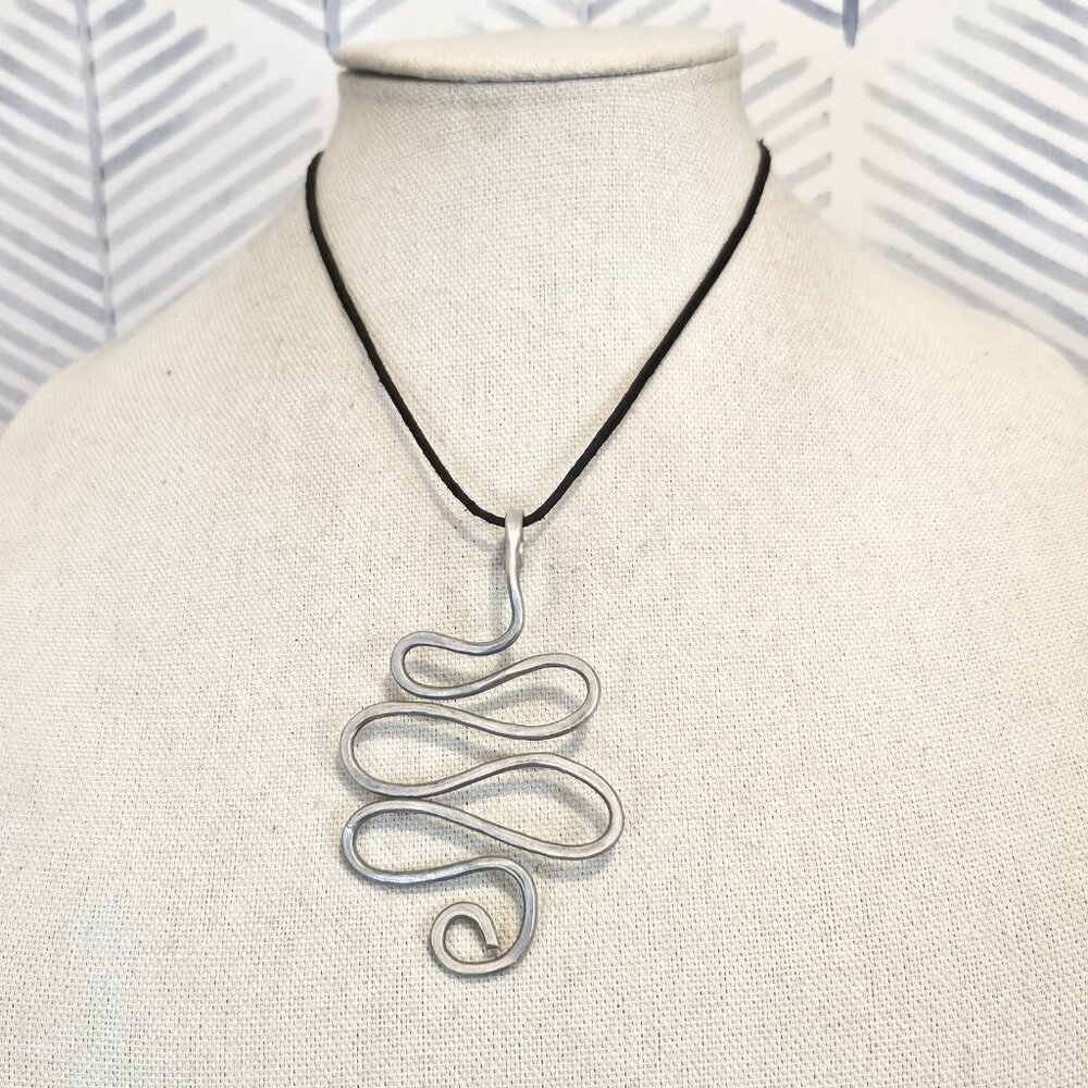 Handcrafted Art Recycled Aluminum Squiggly Snake Pendant Leather Cord Necklace